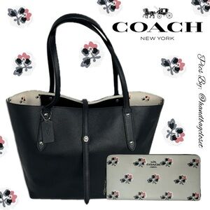 COACH MARKET TOTE IN BLACK PEBBLE LEATHER F36358 BRAMBLE CHALK FLORAL BAG